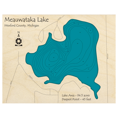 Bathymetric topo map of Meauwataka Lake, MI with roads, towns and depths noted in blue water.