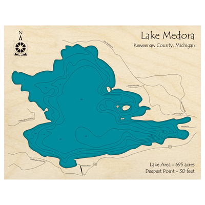 Bathymetric topo map of Lake Medora, MI with roads, towns and depths noted in blue water.
