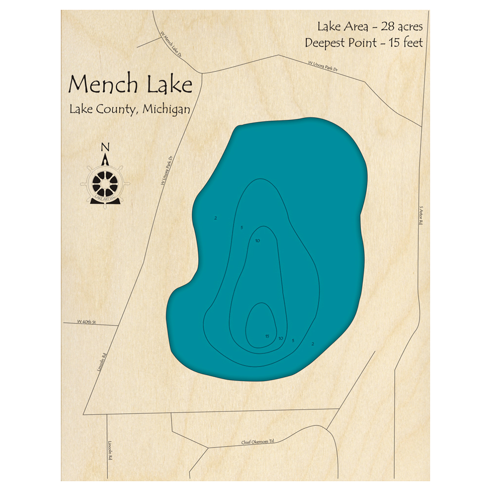 Bathymetric topo map of Mench Lake, MI with roads, towns and depths noted in blue water.