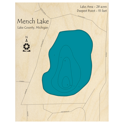 Bathymetric topo map of Mench Lake, MI with roads, towns and depths noted in blue water.