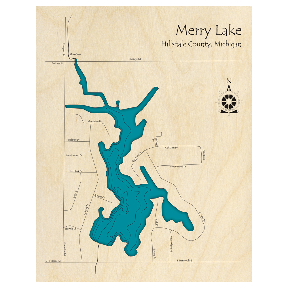 Bathymetric topo map of Merry Lake, MI with roads, towns and depths noted in blue water.
