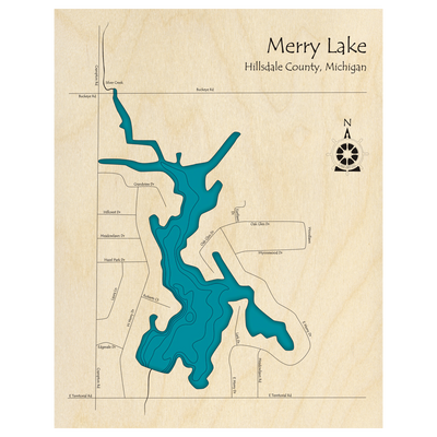 Bathymetric topo map of Merry Lake, MI with roads, towns and depths noted in blue water.
