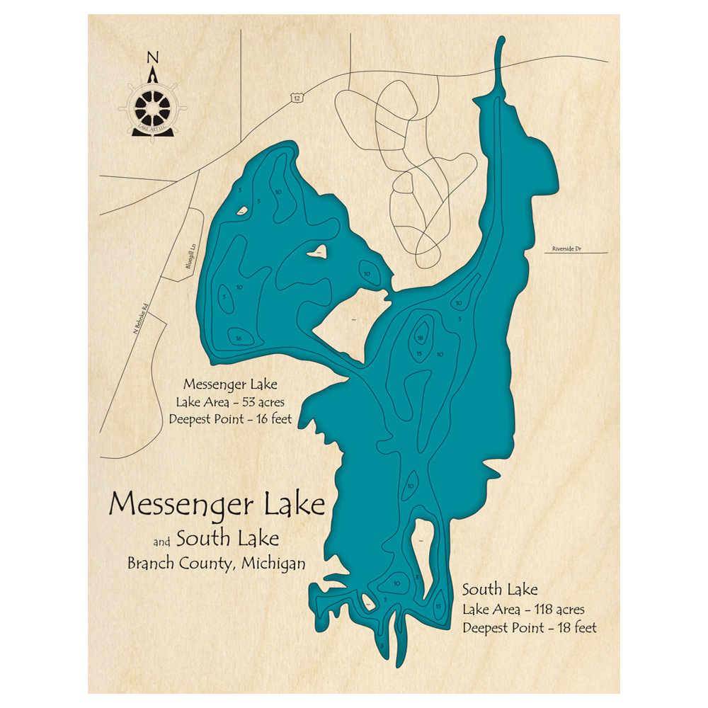 Bathymetric topo map of Messenger Lake, MI with roads, towns and depths noted in blue water.