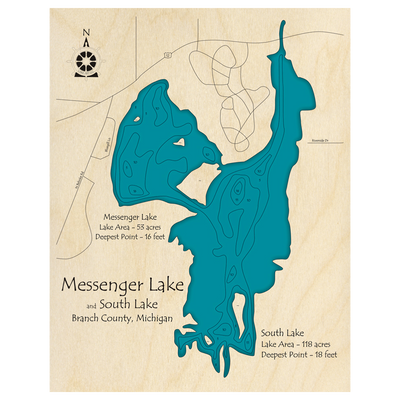 Bathymetric topo map of Messenger Lake, MI with roads, towns and depths noted in blue water.