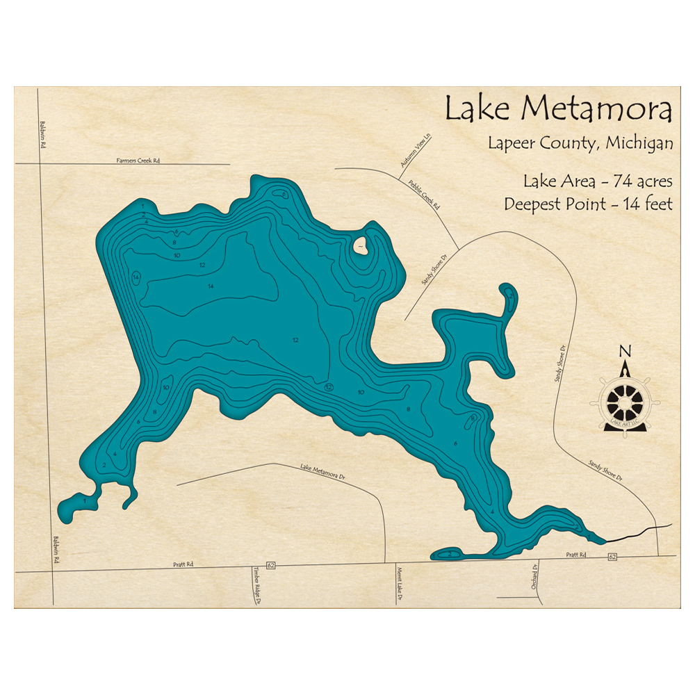 Bathymetric topo map of Lake Metamora, MI with roads, towns and depths noted in blue water.