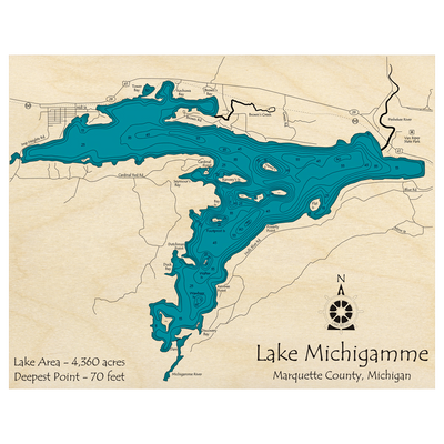 Bathymetric topo map of Lake Michigamme, MI with roads, towns and depths noted in blue water.