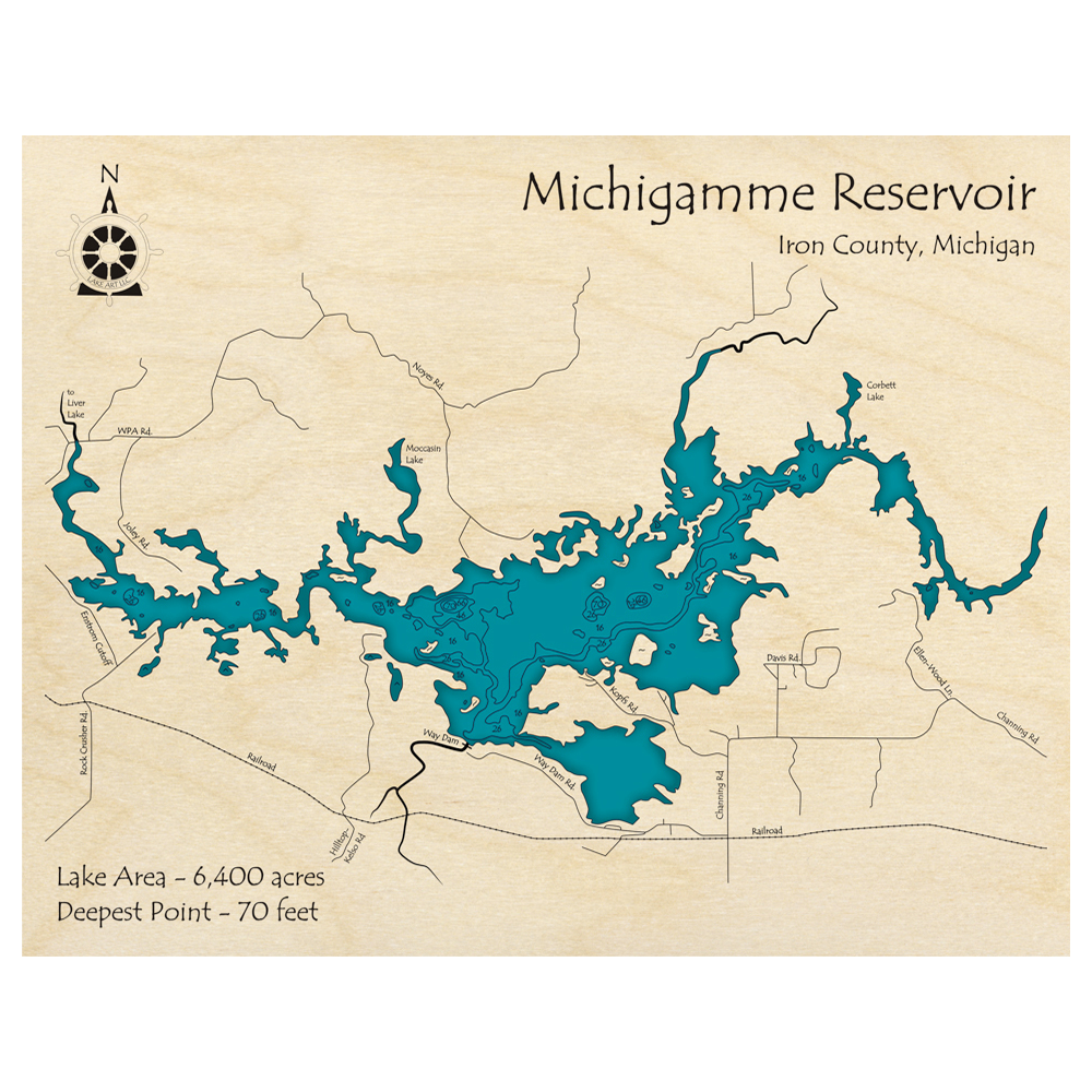 Bathymetric topo map of Michigamme Reservoir, MI with roads, towns and depths noted in blue water.
