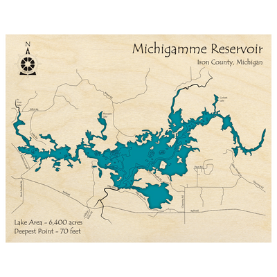 Bathymetric topo map of Michigamme Reservoir, MI with roads, towns and depths noted in blue water.