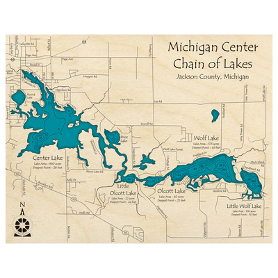 Bathymetric topo map of Michigan Center Chain, MI with roads, towns and depths noted in blue water.