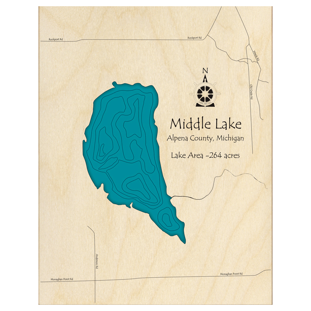Bathymetric topo map of Middle Lake, MI with roads, towns and depths noted in blue water.