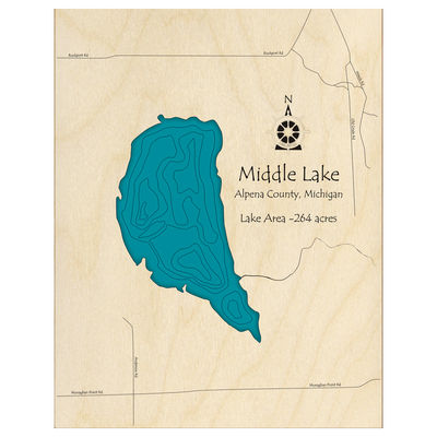 Bathymetric topo map of Middle Lake, MI with roads, towns and depths noted in blue water.