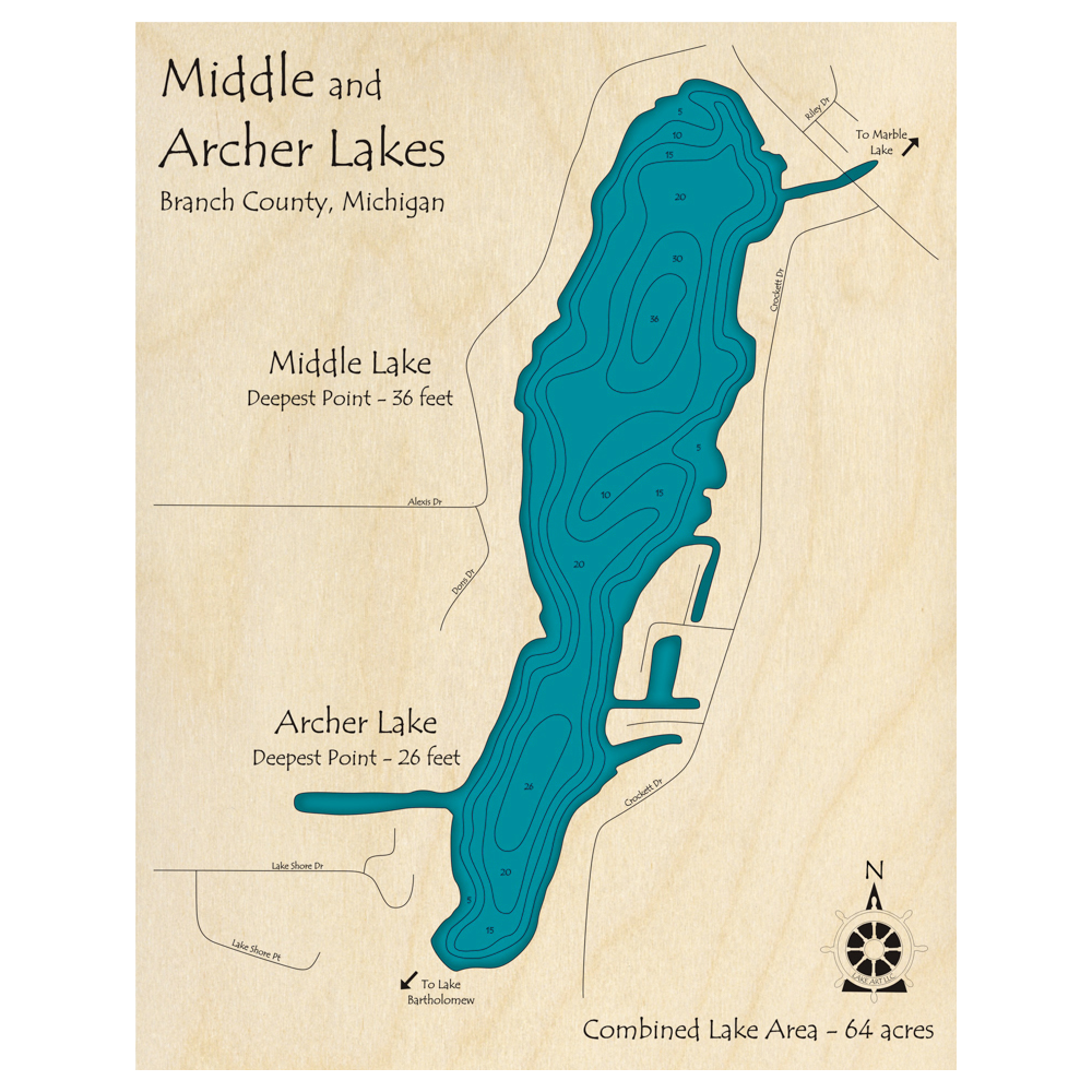 Bathymetric topo map of Middle Lake, MI with roads, towns and depths noted in blue water.