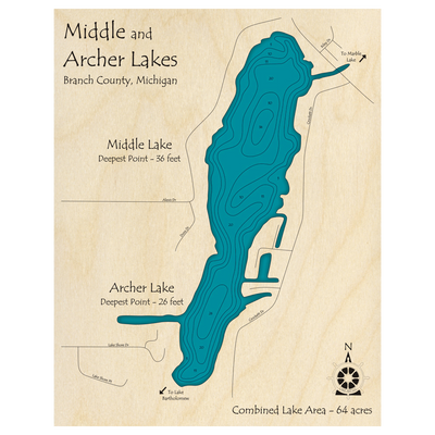 Bathymetric topo map of Middle Lake, MI with roads, towns and depths noted in blue water.