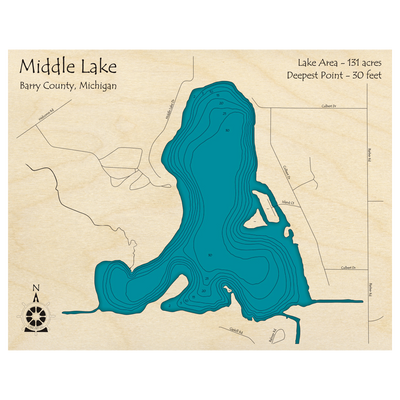 Bathymetric topo map of Middle Lake, MI with roads, towns and depths noted in blue water.