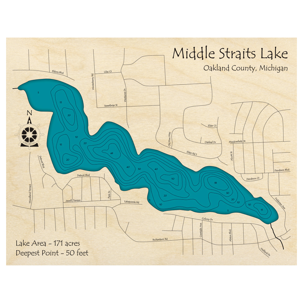 Bathymetric topo map of Straits Lake, MI with roads, towns and depths noted in blue water.