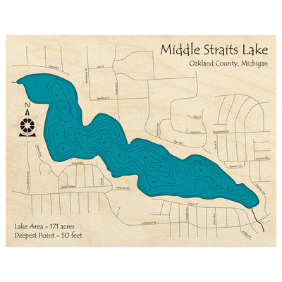 Bathymetric topo map of Straits Lake, MI with roads, towns and depths noted in blue water.
