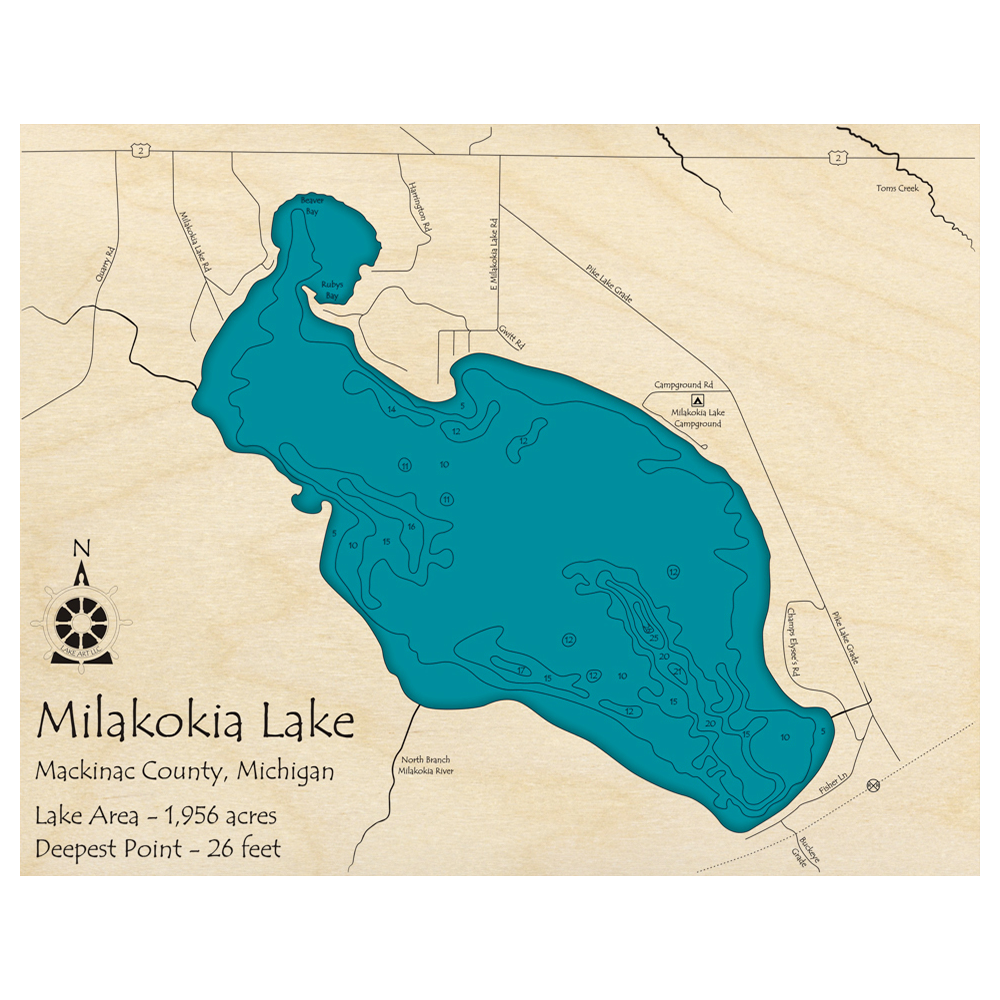 Bathymetric topo map of Lake Milakokia, MI with roads, towns and depths noted in blue water.