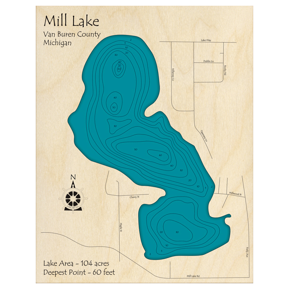 Bathymetric topo map of Mill Lake, MI with roads, towns and depths noted in blue water.