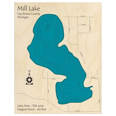 Bathymetric topo map of Mill Lake, MI with roads, towns and depths noted in blue water.