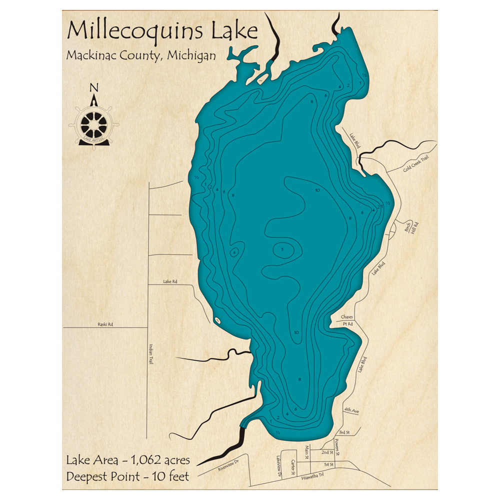 Bathymetric topo map of Millecoquins Lake, MI with roads, towns and depths noted in blue water.
