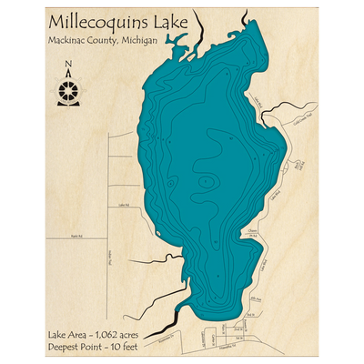 Bathymetric topo map of Millecoquins Lake, MI with roads, towns and depths noted in blue water.
