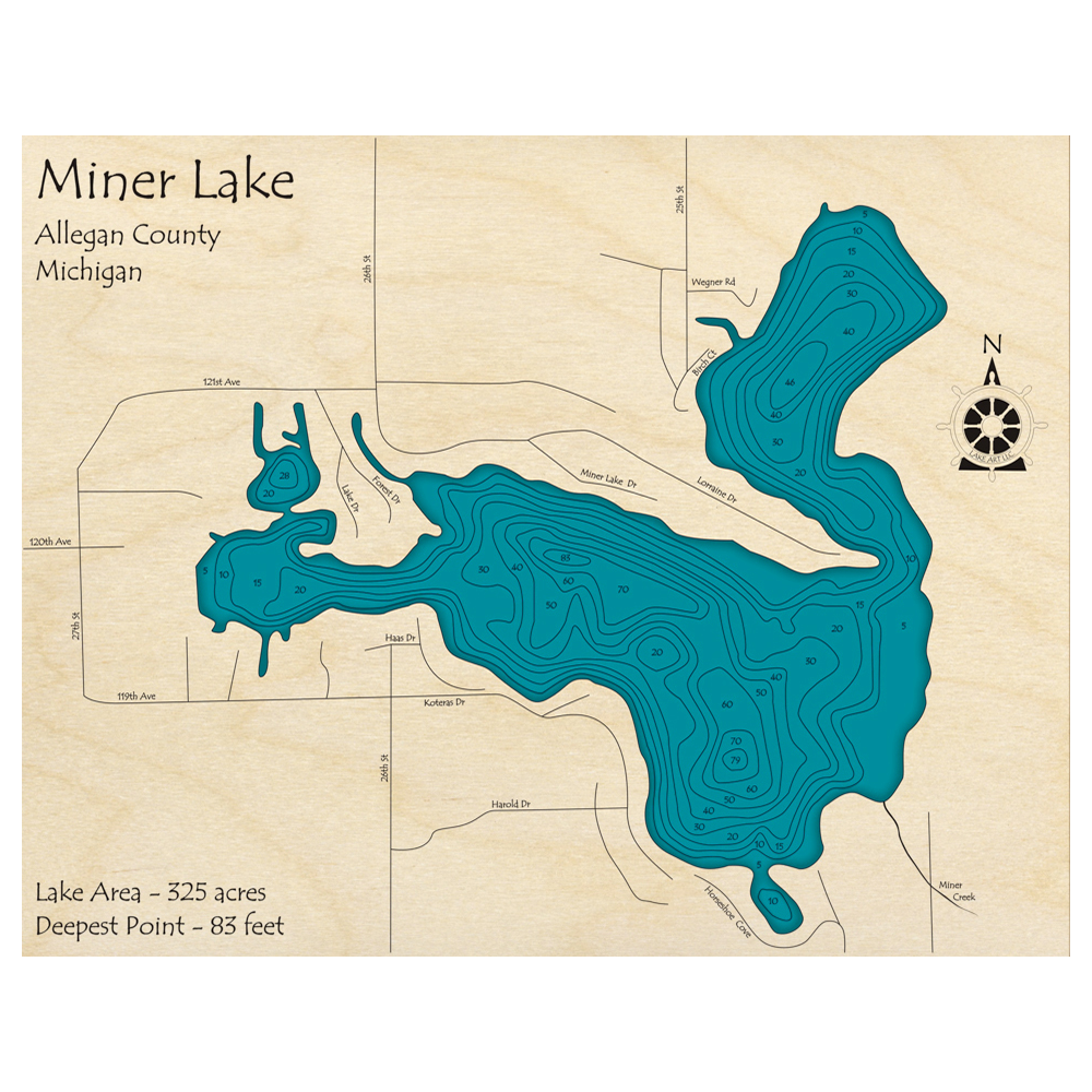 Bathymetric topo map of Miner Lake, MI with roads, towns and depths noted in blue water.