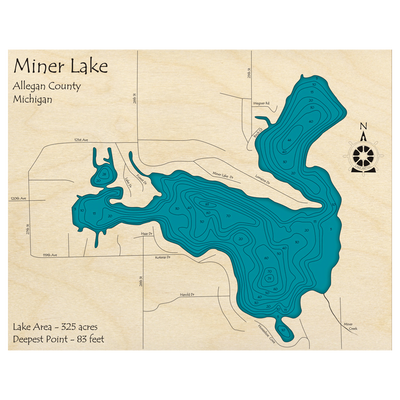 Bathymetric topo map of Miner Lake, MI with roads, towns and depths noted in blue water.