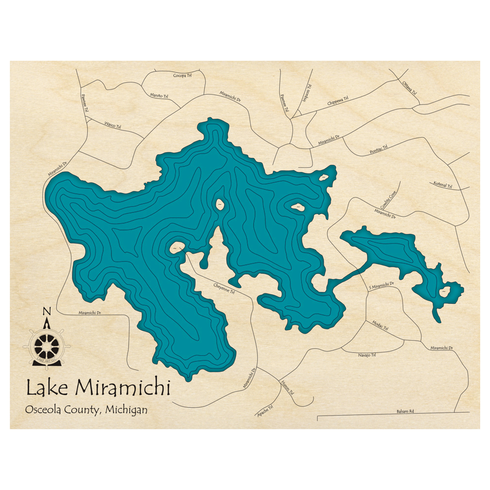 Bathymetric topo map of Lake Miramichi, MI with roads, towns and depths noted in blue water.