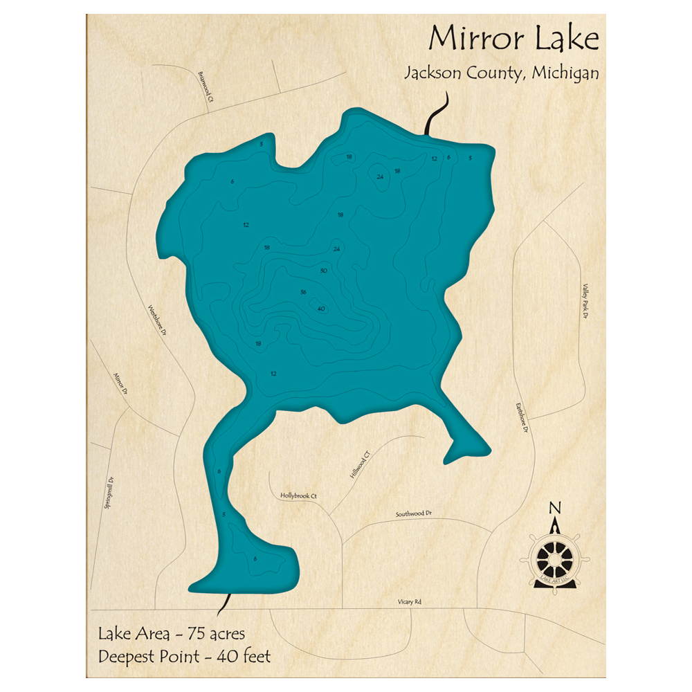 Bathymetric topo map of Mirror Lake, MI with roads, towns and depths noted in blue water.