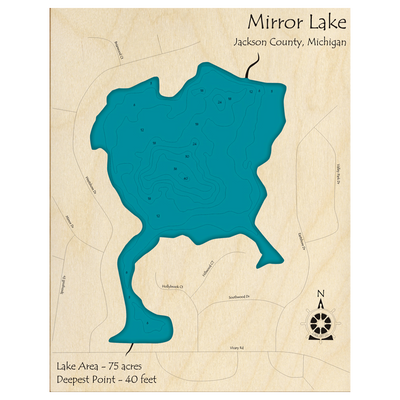Bathymetric topo map of Mirror Lake, MI with roads, towns and depths noted in blue water.