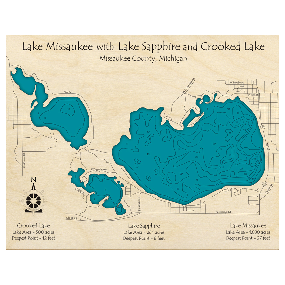 Bathymetric topo map of Lake Missaukee, MI with roads, towns and depths noted in blue water.