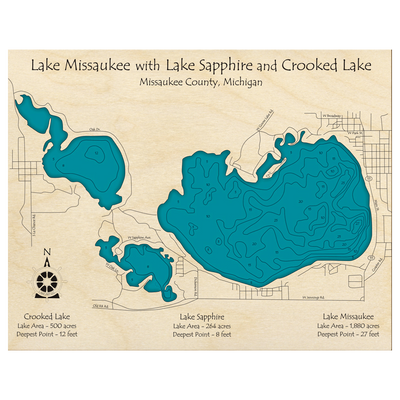Bathymetric topo map of Lake Missaukee, MI with roads, towns and depths noted in blue water.