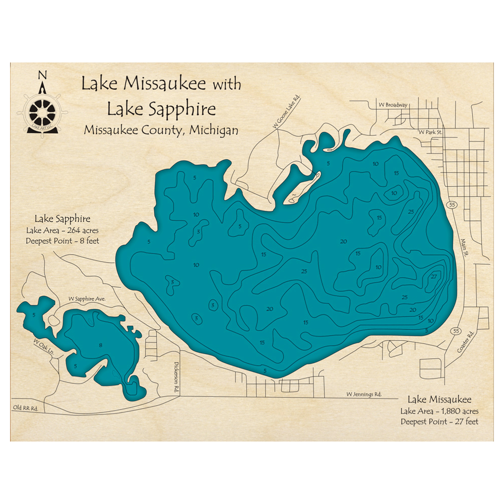 Bathymetric topo map of Lake Missaukee, MI with roads, towns and depths noted in blue water.