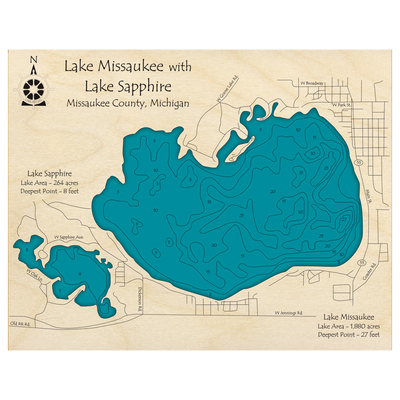 Bathymetric topo map of Lake Missaukee, MI with roads, towns and depths noted in blue water.