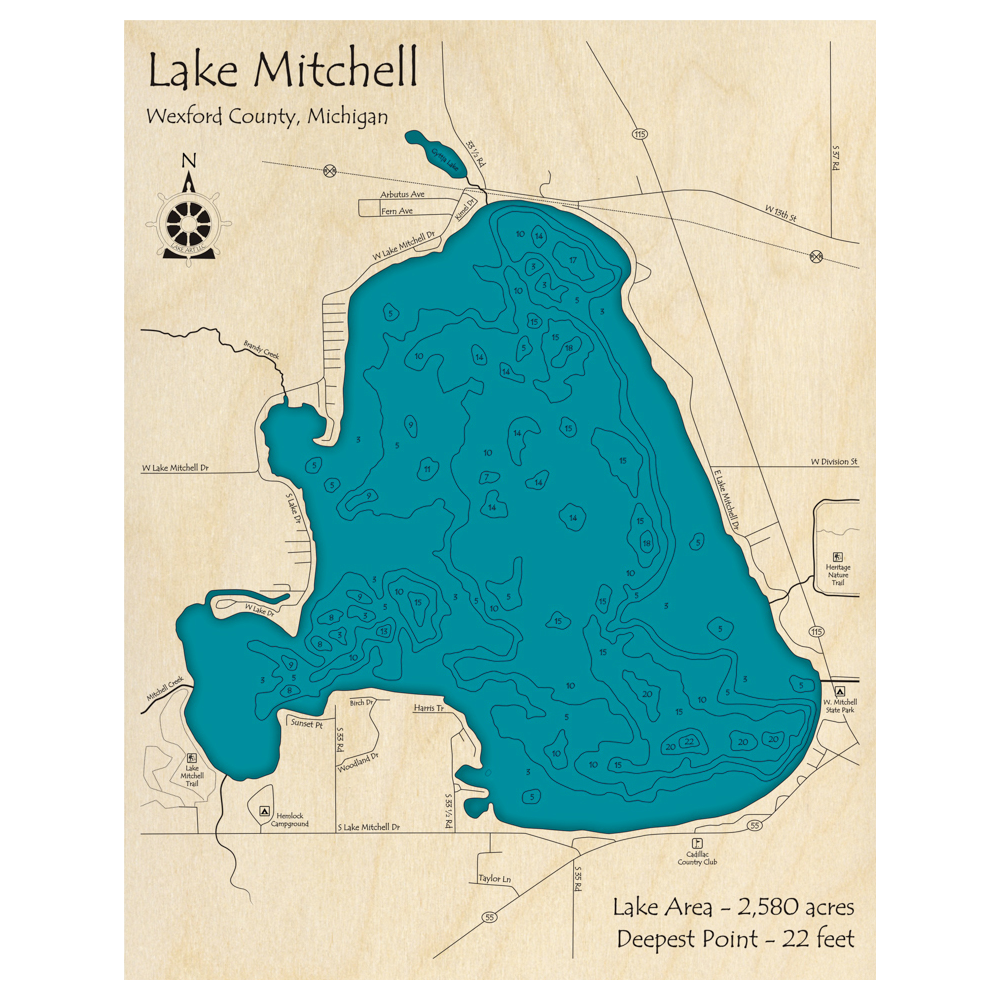 Bathymetric topo map of Lake Mitchell, MI with roads, towns and depths noted in blue water.