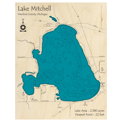 Bathymetric topo map of Lake Mitchell, MI with roads, towns and depths noted in blue water.