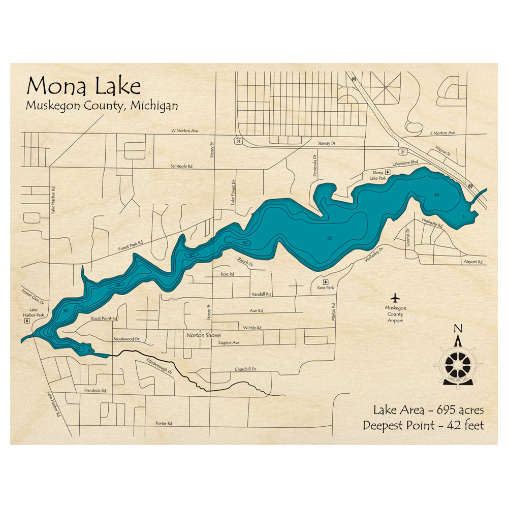 Bathymetric topo map of Mona Lake, MI with roads, towns and depths noted in blue water.