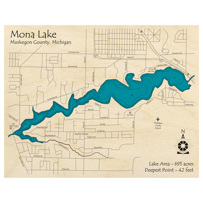 Bathymetric topo map of Mona Lake, MI with roads, towns and depths noted in blue water.