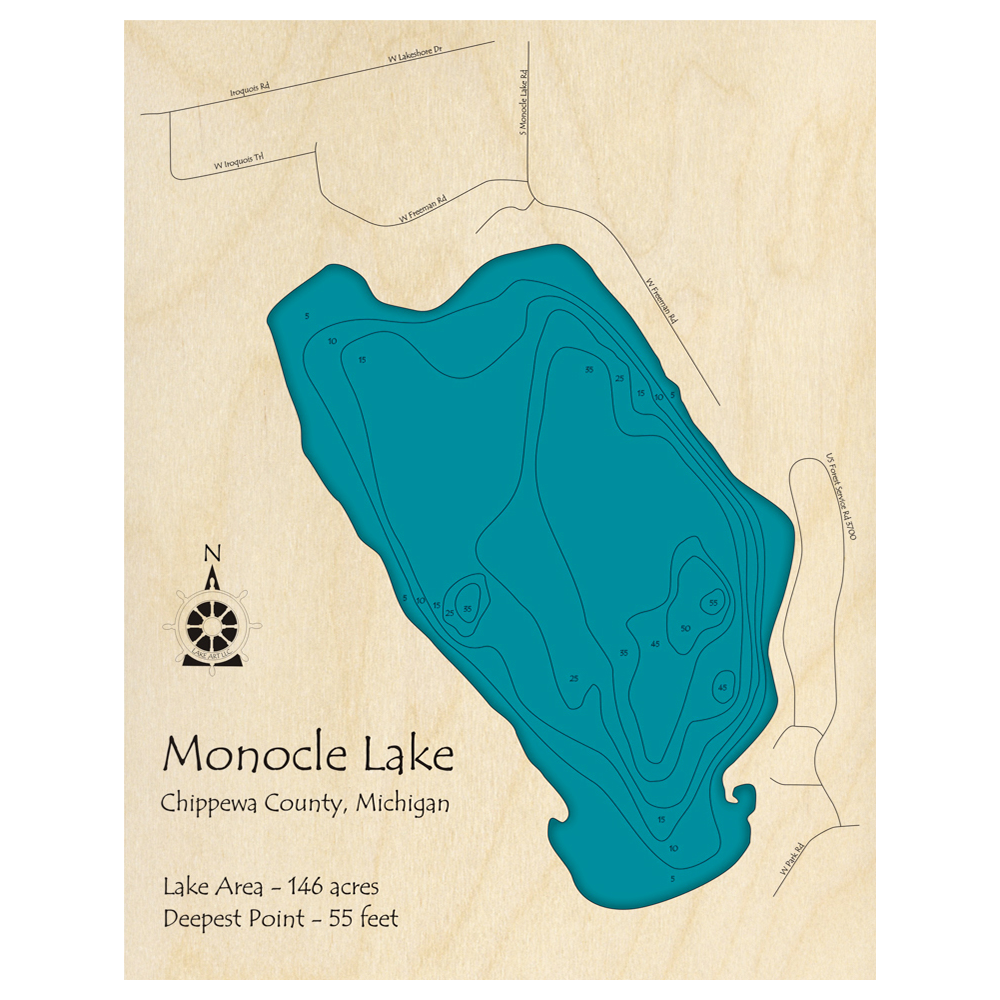 Bathymetric topo map of Monocle Lake, MI with roads, towns and depths noted in blue water.