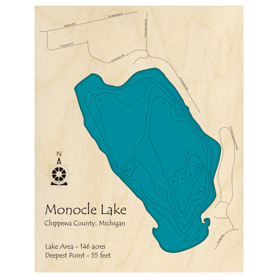 Bathymetric topo map of Monocle Lake, MI with roads, towns and depths noted in blue water.
