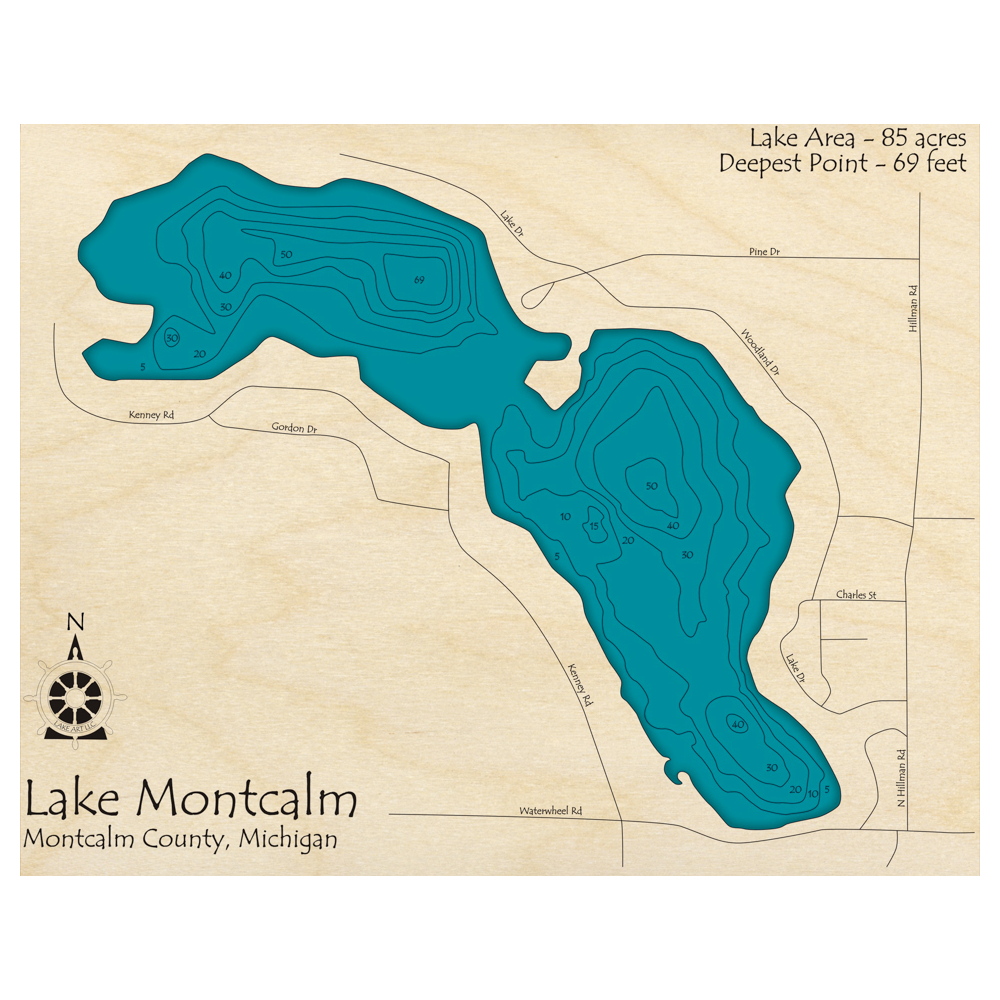 Bathymetric topo map of Lake Montcalm, MI with roads, towns and depths noted in blue water.