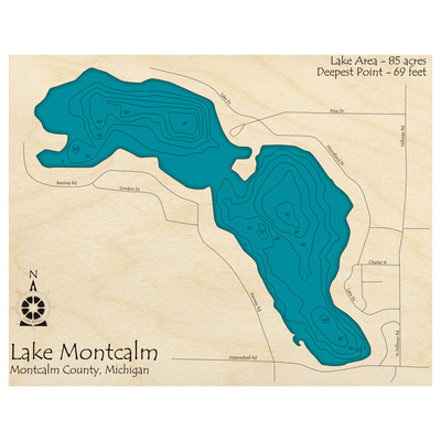 Bathymetric topo map of Lake Montcalm, MI with roads, towns and depths noted in blue water.
