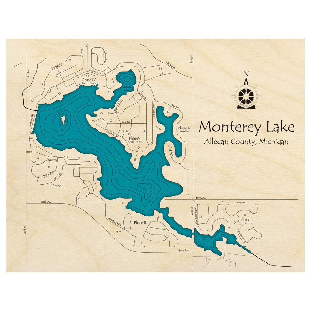 Bathymetric topo map of Monterey Lake, MI with roads, towns and depths noted in blue water.