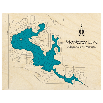 Bathymetric topo map of Monterey Lake, MI with roads, towns and depths noted in blue water.