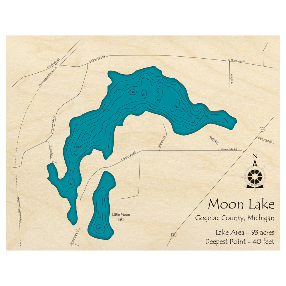 Bathymetric topo map of Moon Lake, MI with roads, towns and depths noted in blue water.