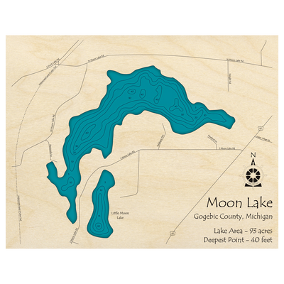 Bathymetric topo map of Moon Lake, MI with roads, towns and depths noted in blue water.
