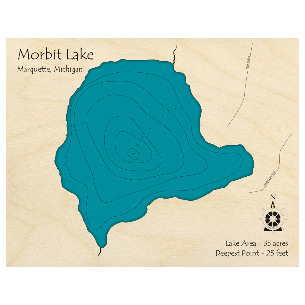 Bathymetric topo map of Morbit Lake, MI with roads, towns and depths noted in blue water.