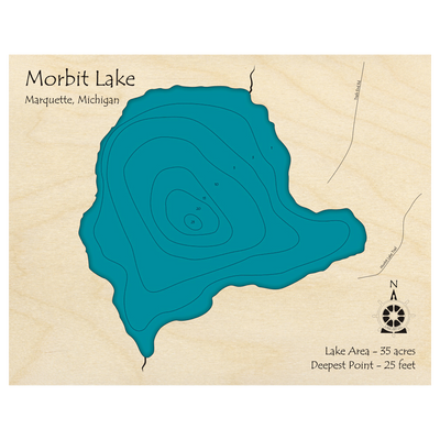 Bathymetric topo map of Morbit Lake, MI with roads, towns and depths noted in blue water.