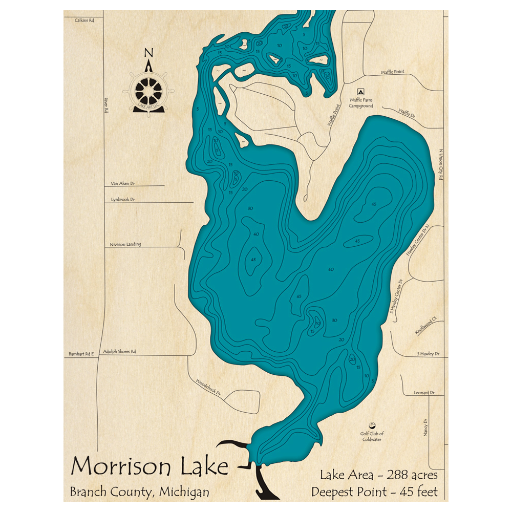 Bathymetric topo map of Morrison Lake, MI with roads, towns and depths noted in blue water.