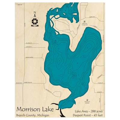 Bathymetric topo map of Morrison Lake, MI with roads, towns and depths noted in blue water.
